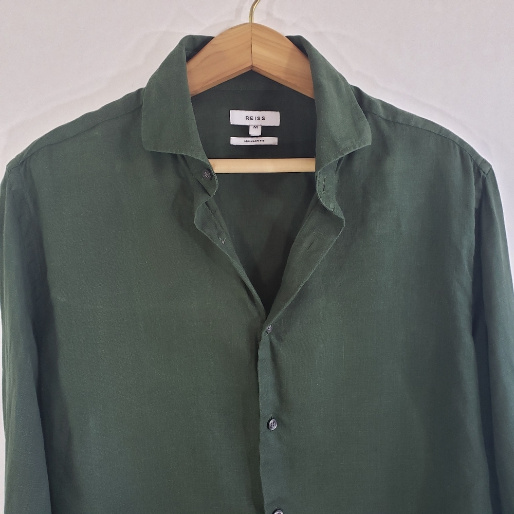 Reiss Mens Ruban Button Down Shirt Dark Forest Green 100% Linen size M